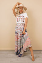 Calypso Long Boho Skirt in Multi-Color Pattern Tiers (outfit pairing)