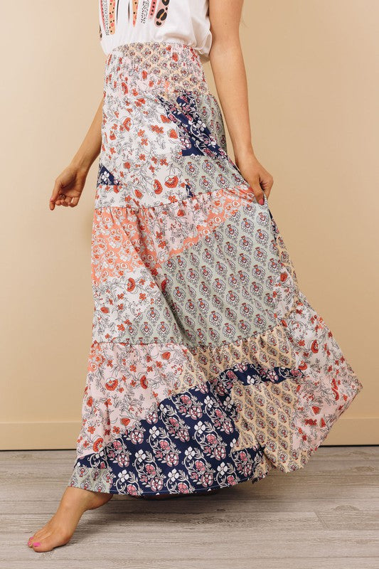 Calypso Long Boho Skirt in Multi-Color Pattern Tiers (in stride)