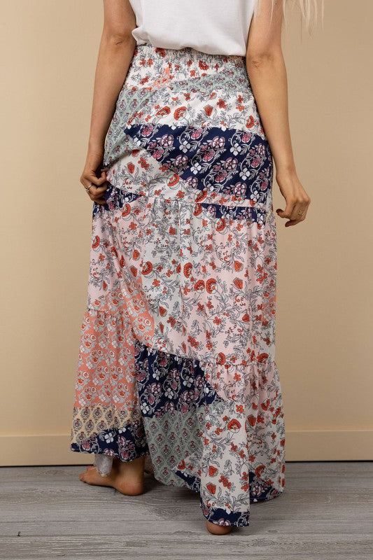 Calypso Long Boho Skirt in Multi-Color Pattern Tiers (Back view)