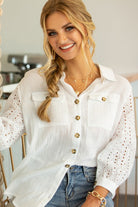 Alyssa White Eyelet Blouse Button Down with 3/4 Length Sleeves Untied (Detail)