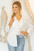 Alyssa White Eyelet Blouse Button Down with 3/4 Length Sleeves Untied (Large)