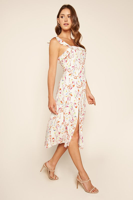 Carmen Ruffle Trim Midi Dress with Colored Floral Print (side profile)