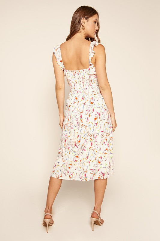 Carmen Ruffle Trim Midi Dress with Colored Floral Print (Back view)