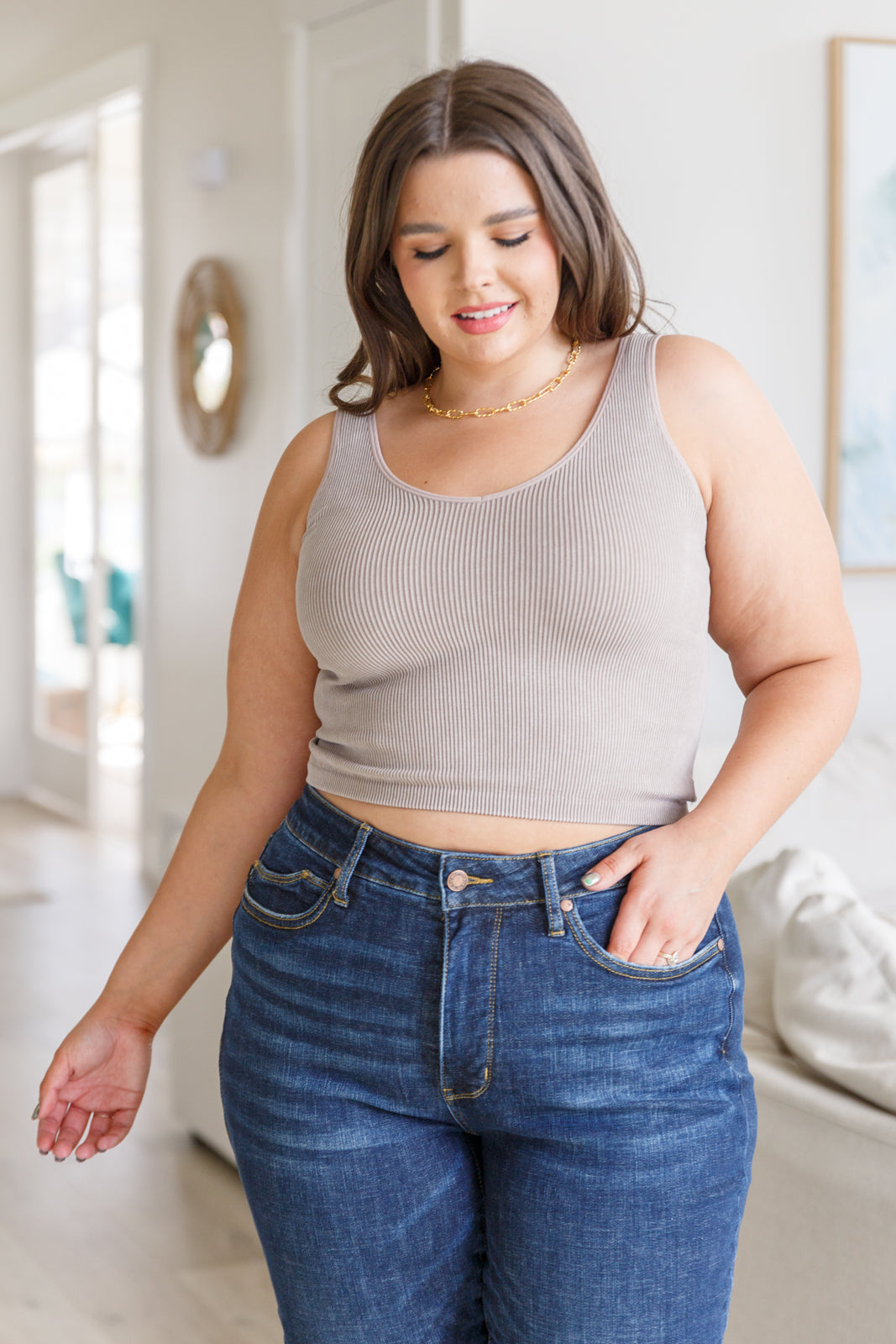 Ribbed Seamless Cropped Reversible Tank in Light Mocha on Plus Model