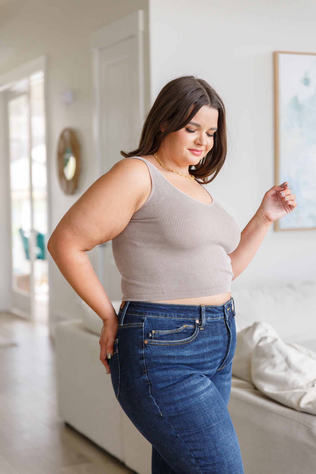 Ribbed Seamless Cropped Reversible Tank in Light Mocha Plus Side View 