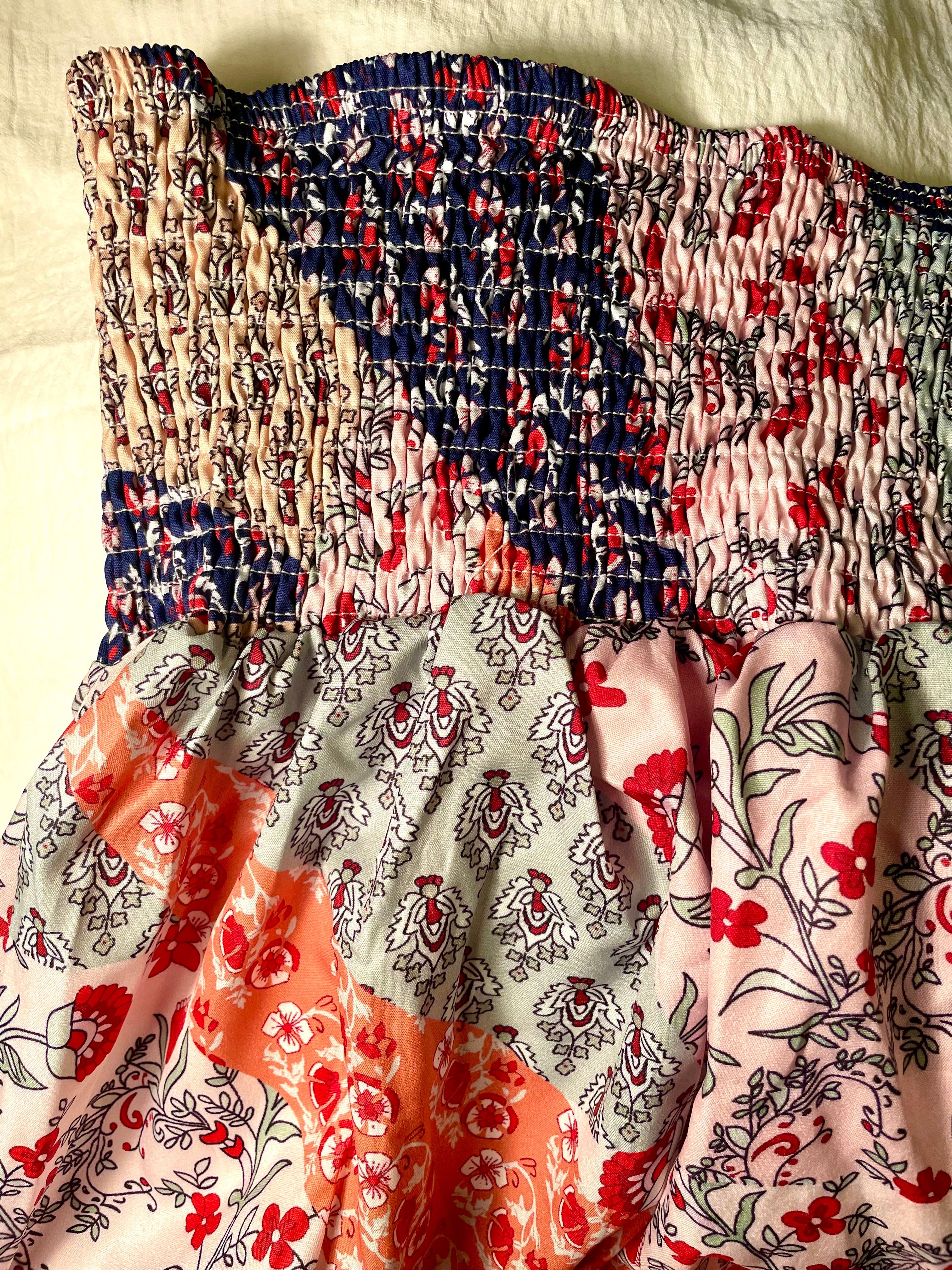 Calypso Long Boho Skirt in Multi-Color Pattern Tiers (smocked waist detail)