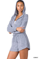 Cropped Zip Up Hoodie &amp; Shorts Set in Soft Gray Loop Terrycloth (zipped with hoodie)