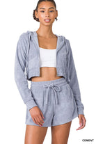 Cropped Zip Up Hoodie &amp; Shorts Set in Soft Gray Loop Terrycloth (unzipped)