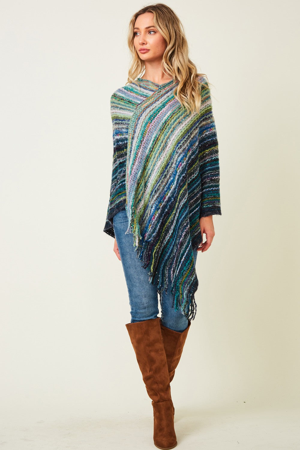 Multi Color Poncho Sweater with Fluffy Yarn (front stride)