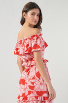 Caliente Pink Lemonade Ruffle Off the Shoulder Crop Top (back shoulder)