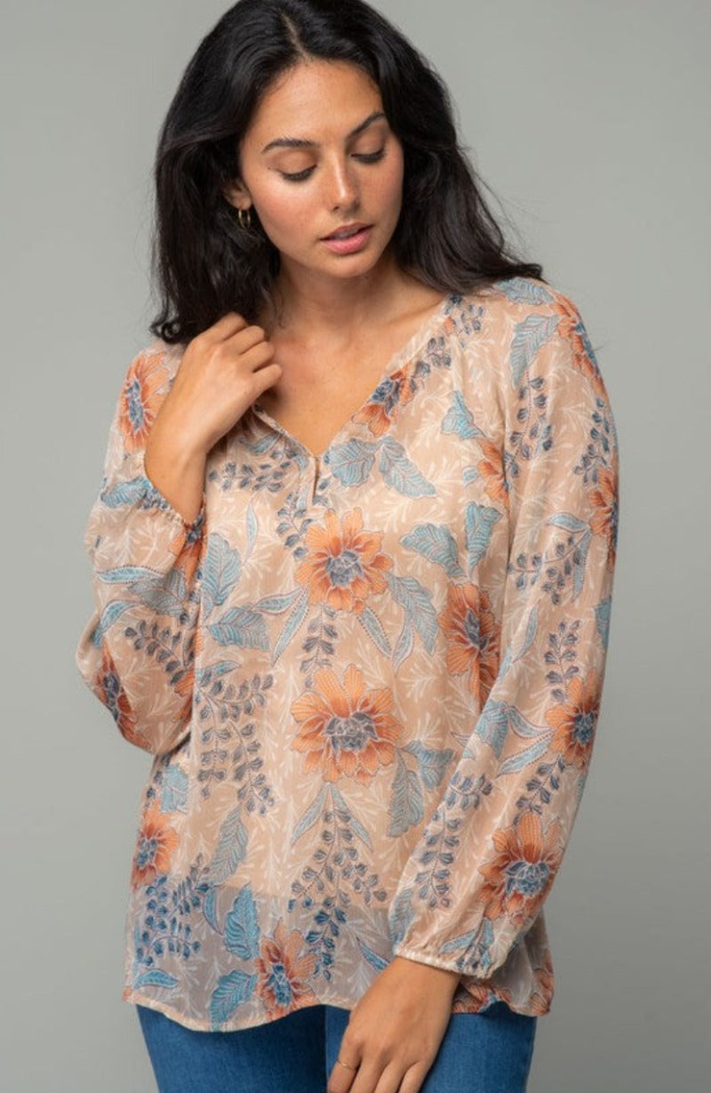 Sunkissed Peony Chiffon Blouse from Lovestitch (front untucked)