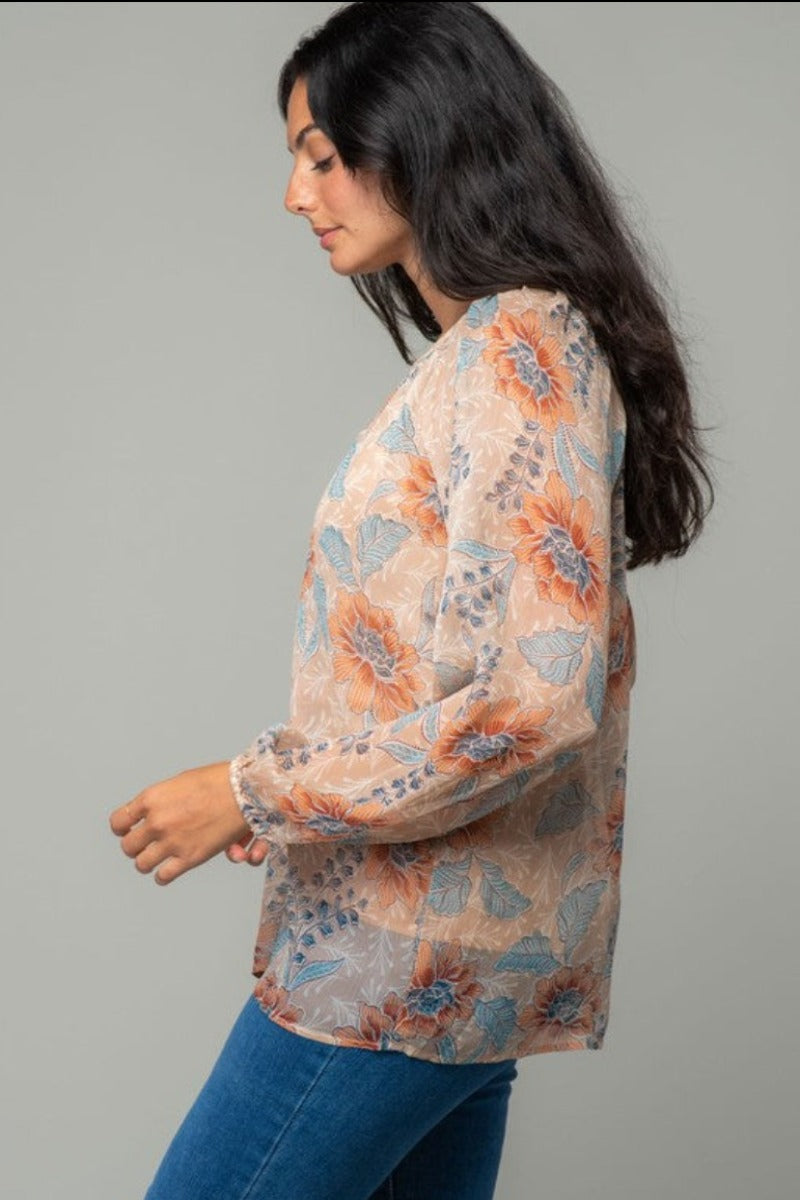 Sunkissed Peony Chiffon Blouse from Lovestitch (side profile untucked)