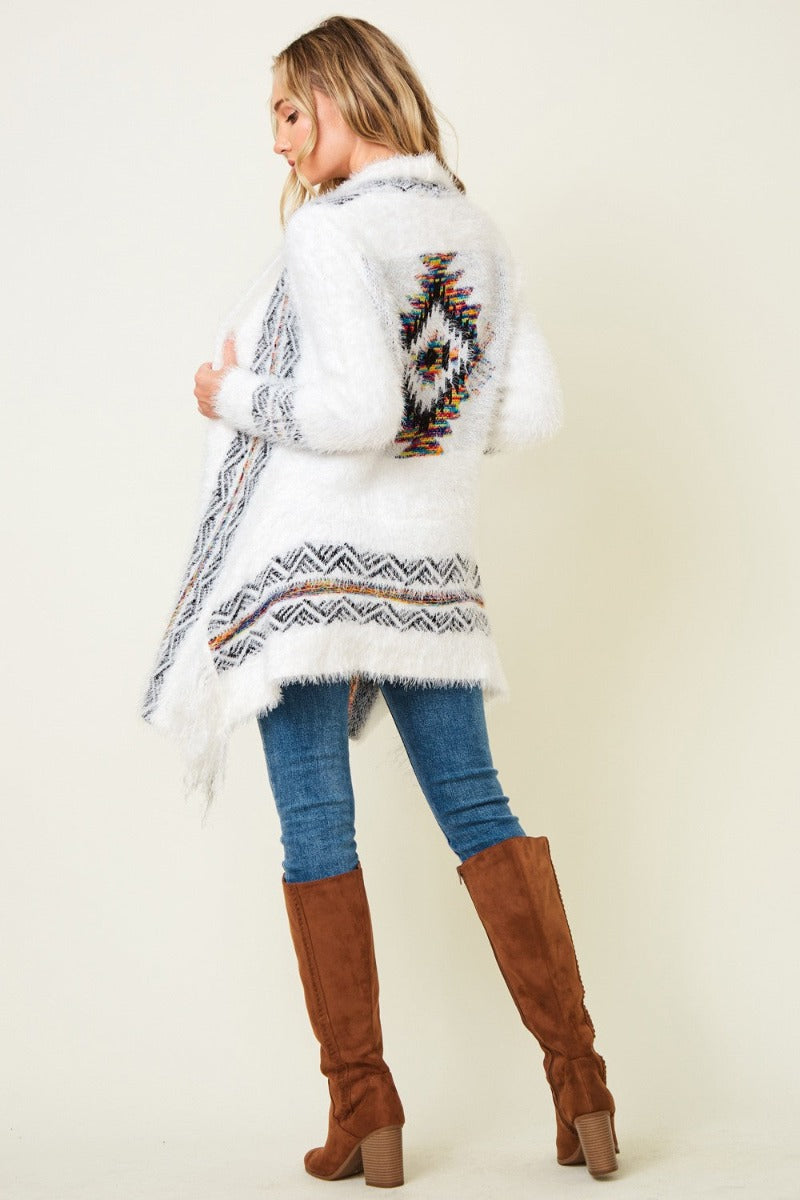 White Eyelash Aztec Cardigan with Fringe Detail (back)