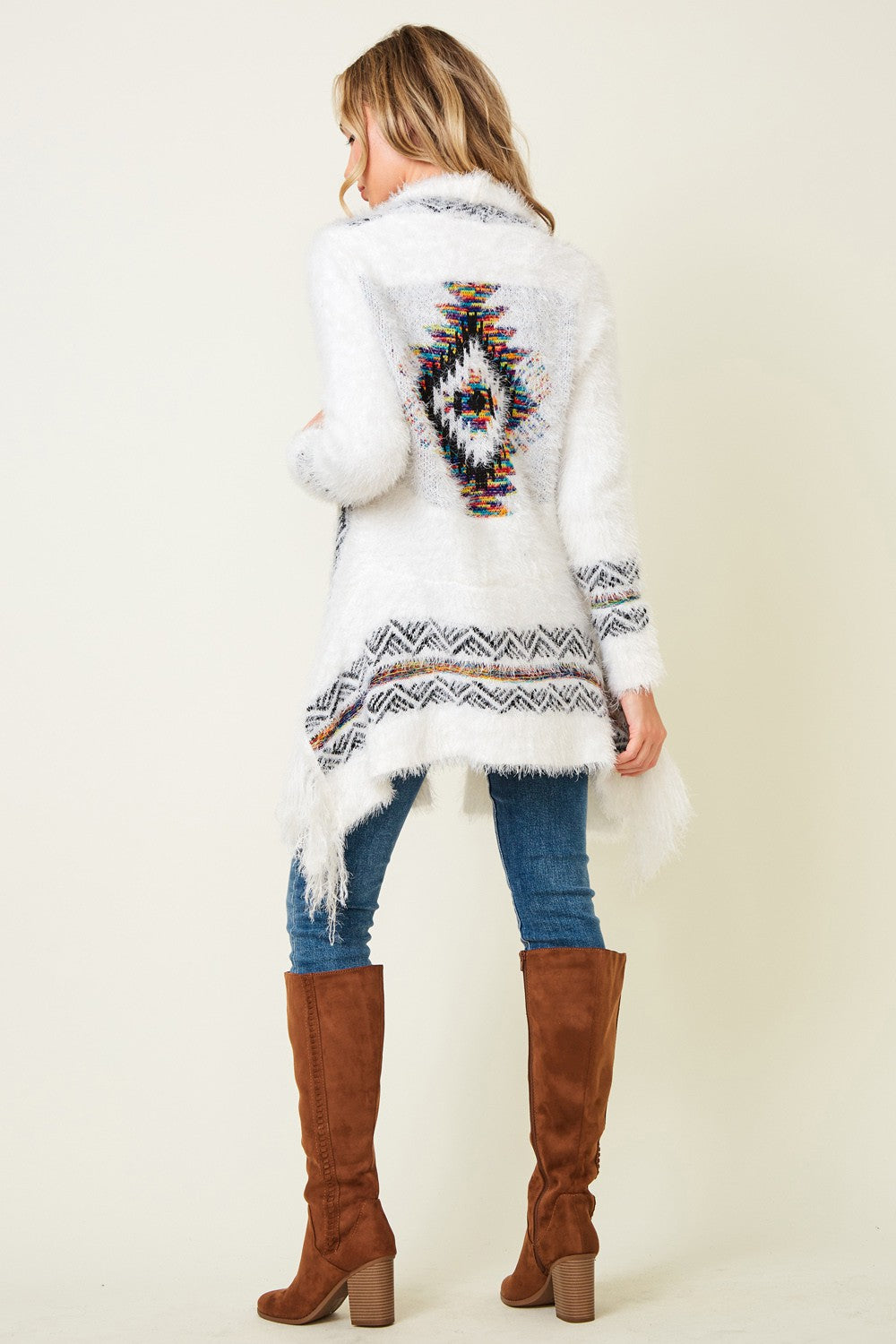 White Eyelash Aztec Cardigan with Fringe Detail (back left)