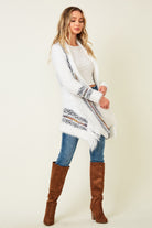 White Eyelash Aztec Cardigan with Fringe Detail (front stretch)