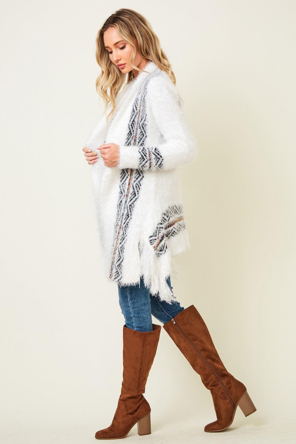 White Eyelash Aztec Cardigan with Fringe Detail (in step)