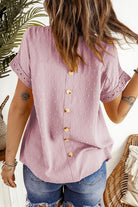 Celia Swiss Dot Top with Crochet Lace Details in Mauve (back view with ornamental detail)