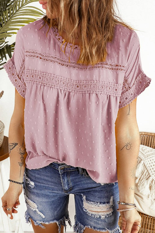 Celia Swiss Dot Top with Crochet Lace Details in Mauve (tucked in front hem)