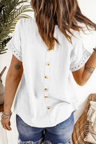 Celia Swiss Dot Top with Crochet Lace Details in White (back ornamental buttons)