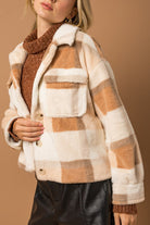 Super Soft Utility Faux Fur Plaid Shacket by Gilli (shoulder detail)