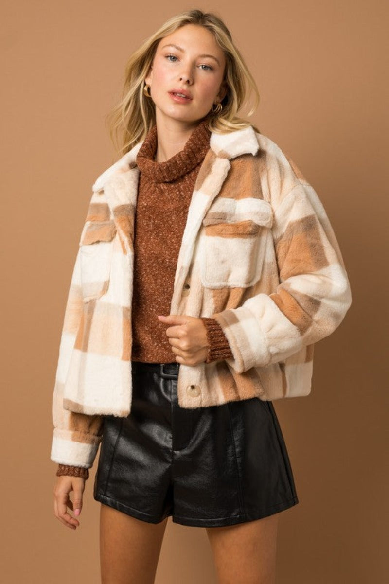 Super Soft Utility Faux Fur Plaid Shacket by Gilli (main photo)