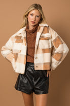 Super Soft Utility Faux Fur Plaid Shacket by Gilli (front unbuttoned)