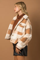 Super Soft Utility Faux Fur Plaid Shacket by Gilli (side view)