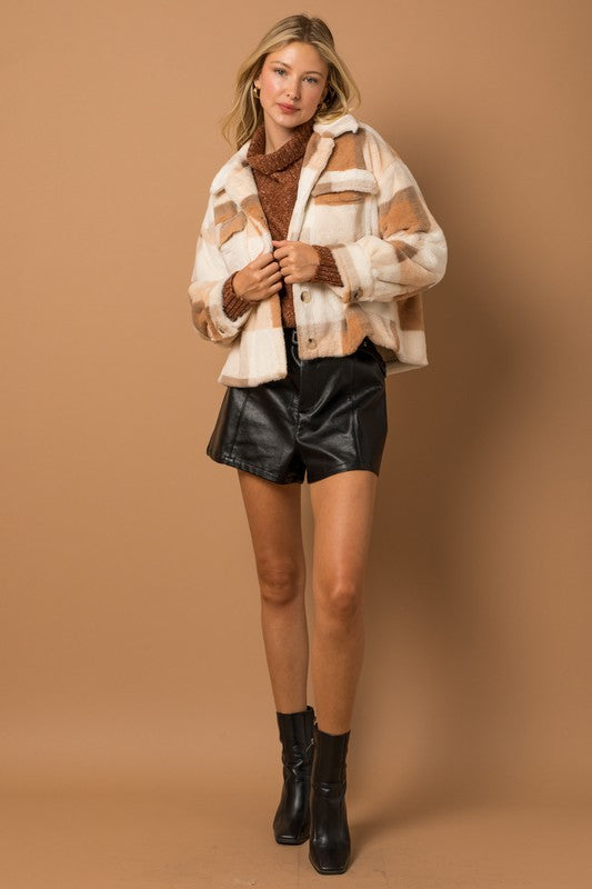 Super Soft Utility Faux Fur Plaid Shacket by Gilli (full unbuttoned)