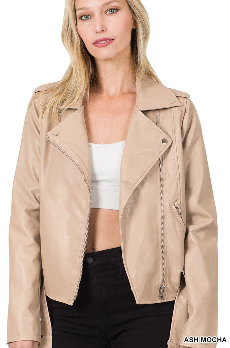 Vegan Ash Mocha Leather Belted Moto Jacket (open)