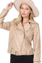 Vegan Ash Mocha Leather Belted Moto Jacket (zipped)