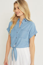 Belle A Tie Front Crop Top Short Sleeve Blouse (front side view)