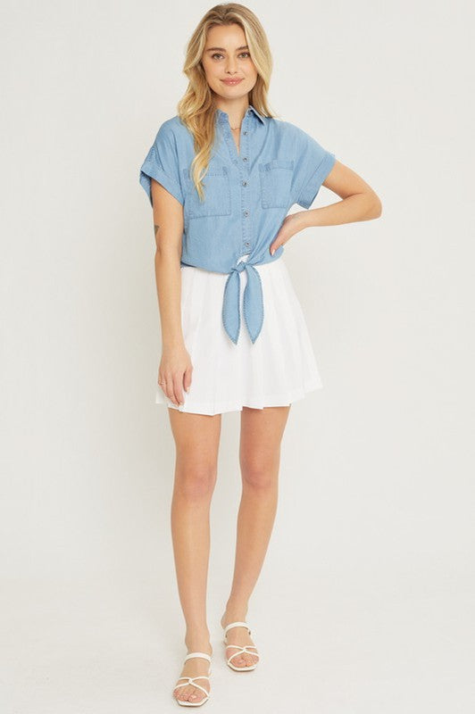 Belle A Tie Front Crop Top Short Sleeve Blouse (Front full image)