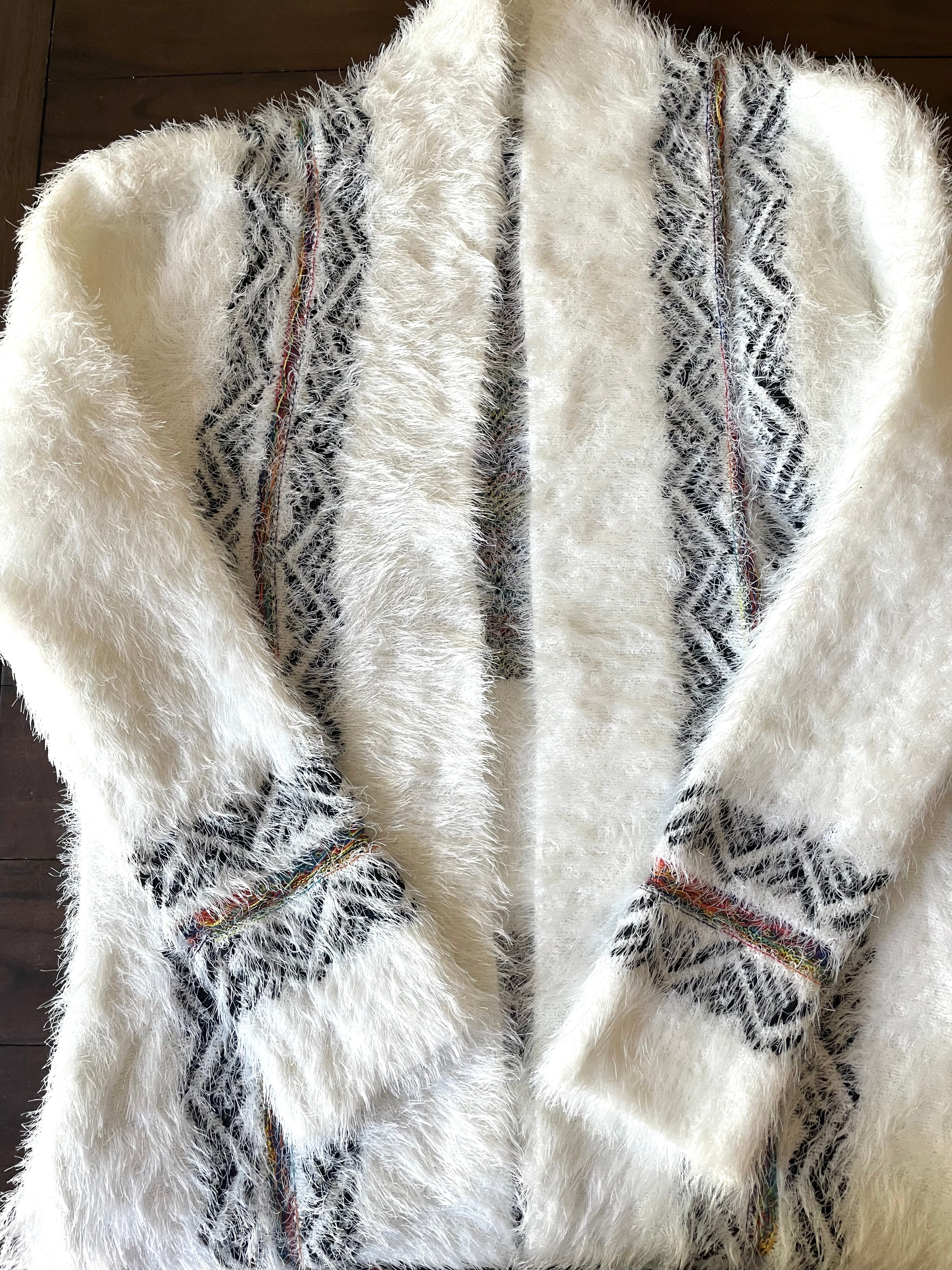 White Eyelash Aztec Cardigan with Fringe Detail (full flat lay)